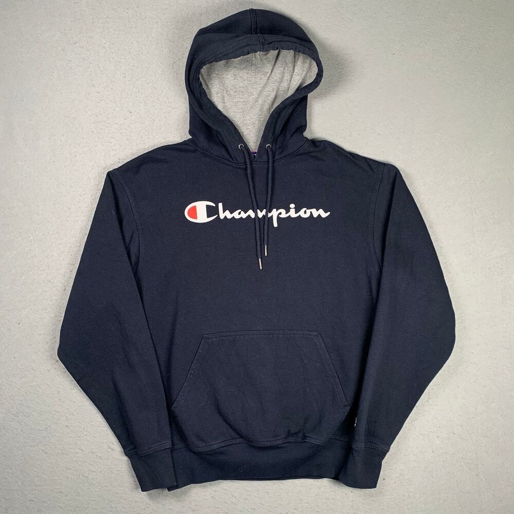 Champion Hoodie Men's Medium Navy Blue Pullover Sweatshirt Athletic Spell Out